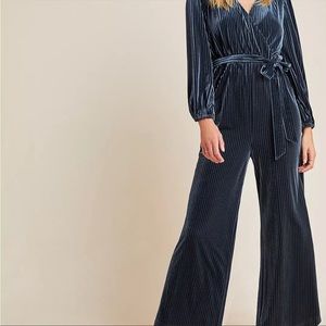 Anthropologie Ali & Jay Los Angeles Blue Velvet Ribbed Jumpsuit Size XS
